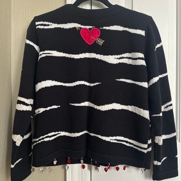 Jack B. Quick Valentine Heart Cardigan Sweater Embellished Knit Black White - Picture 5 of 7